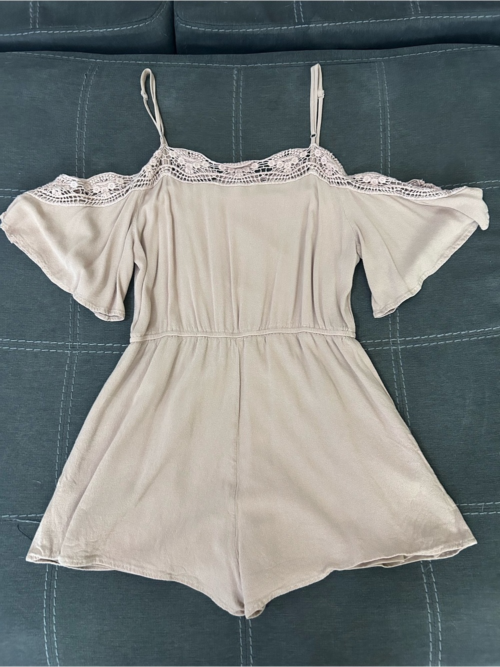 Papaya Cream Off-Shoulder Lace-Trim Chemise Romper